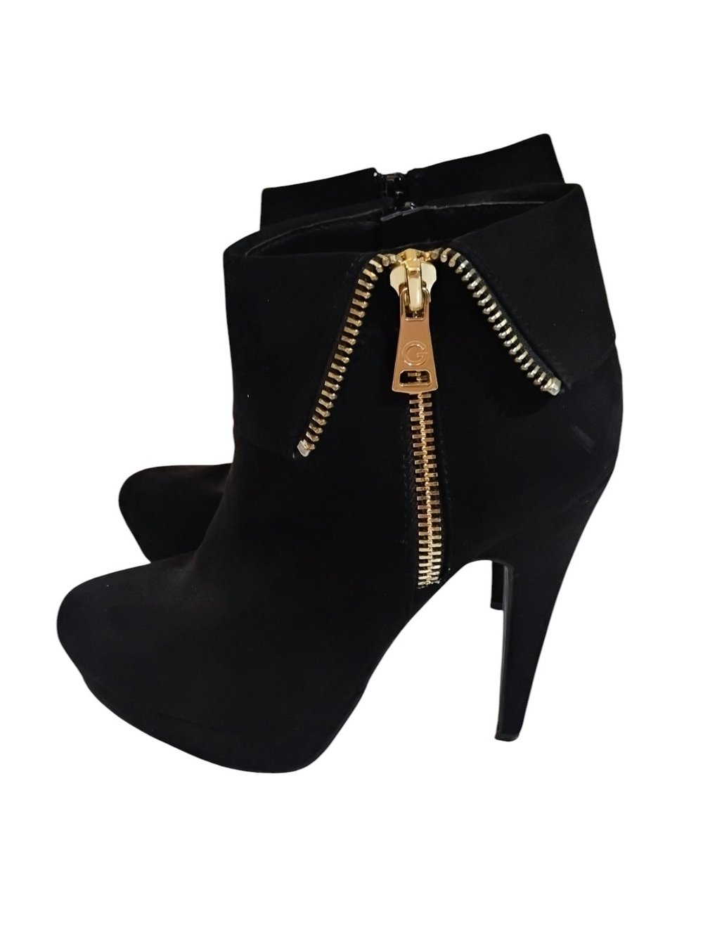 GBC Black Suede High Heel Ankle Boots W Gold Zipper SZ 8.5